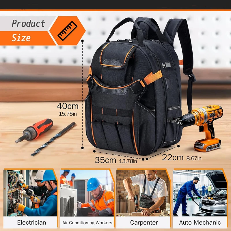 Waterproof Tool Bag With Laptop Compartment Durable Tool Carrier with Charging Port Large Capacity Tools Storage Backpack