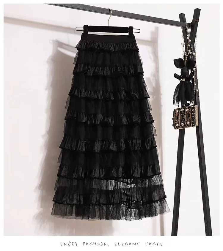 Hot Sale Long Maxi Pleated Skirts Woman Pure Color Sweet Elegant Spring Mesh Pleated Cake Skirt Lining Tutu Tulle Skirts