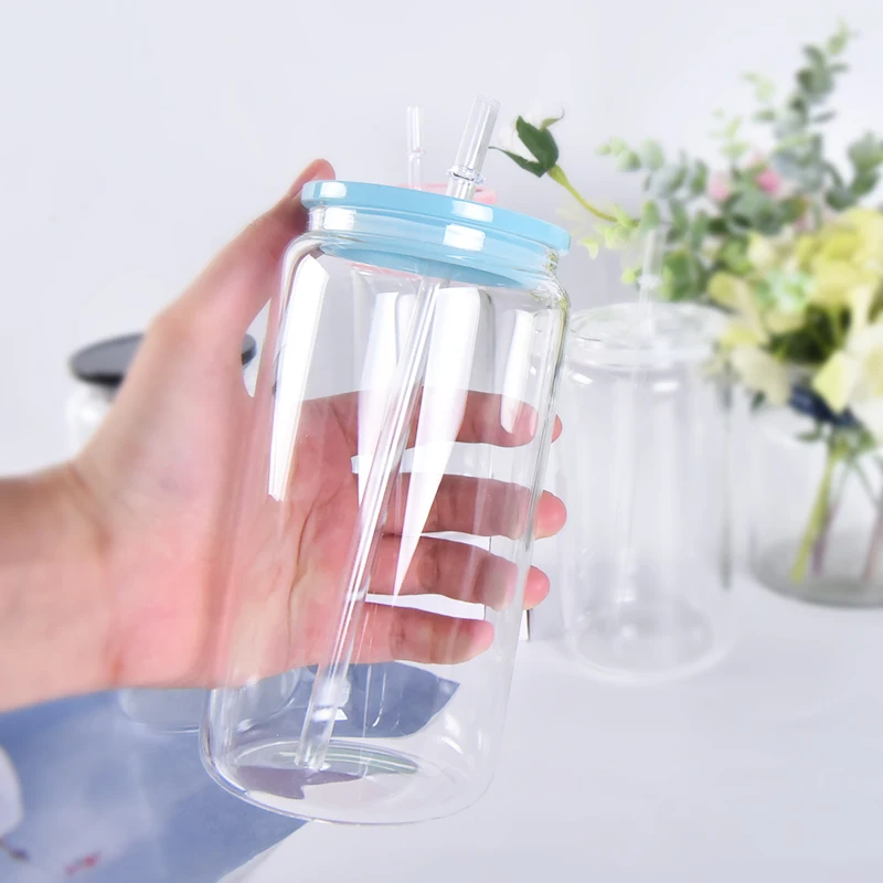 frosted color 12oz 16oz ice drinking soda cup with glass straw and  cover Factory price Beer Can customization accept