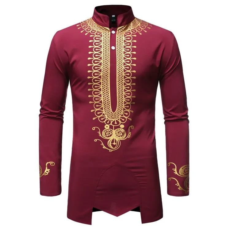 Hot Sale Men 100% Polyester Long Sleeve Print African Dashiki Shirts for Men