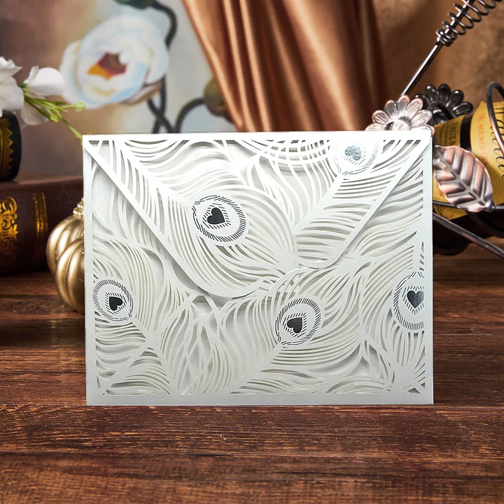 Custom Laser cut peacock feather design laser paper party supplies wedding invitations card with envelopes set
