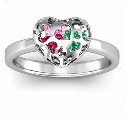 Custom personalized 925 sterling silver two handed pallet reticular heart shaped birthstone stone rings cage for womens