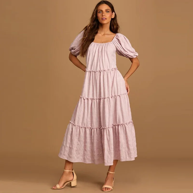 Women fashion casual  square neckline  puff sleeve  a line maxi dress