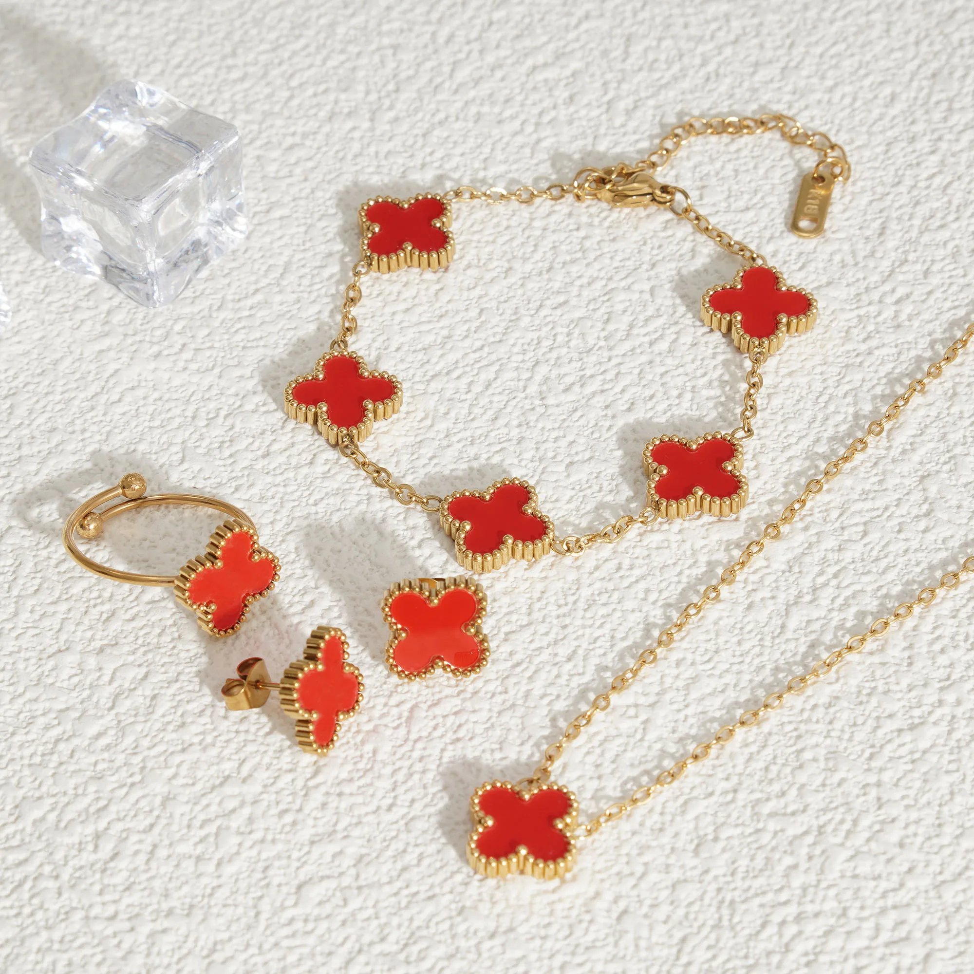 Lucky Ring Earrings Necklace Bracelet 4 Leaf Clover Sets Stainless Steel Gold Four Leaf Clover Jewelry Set