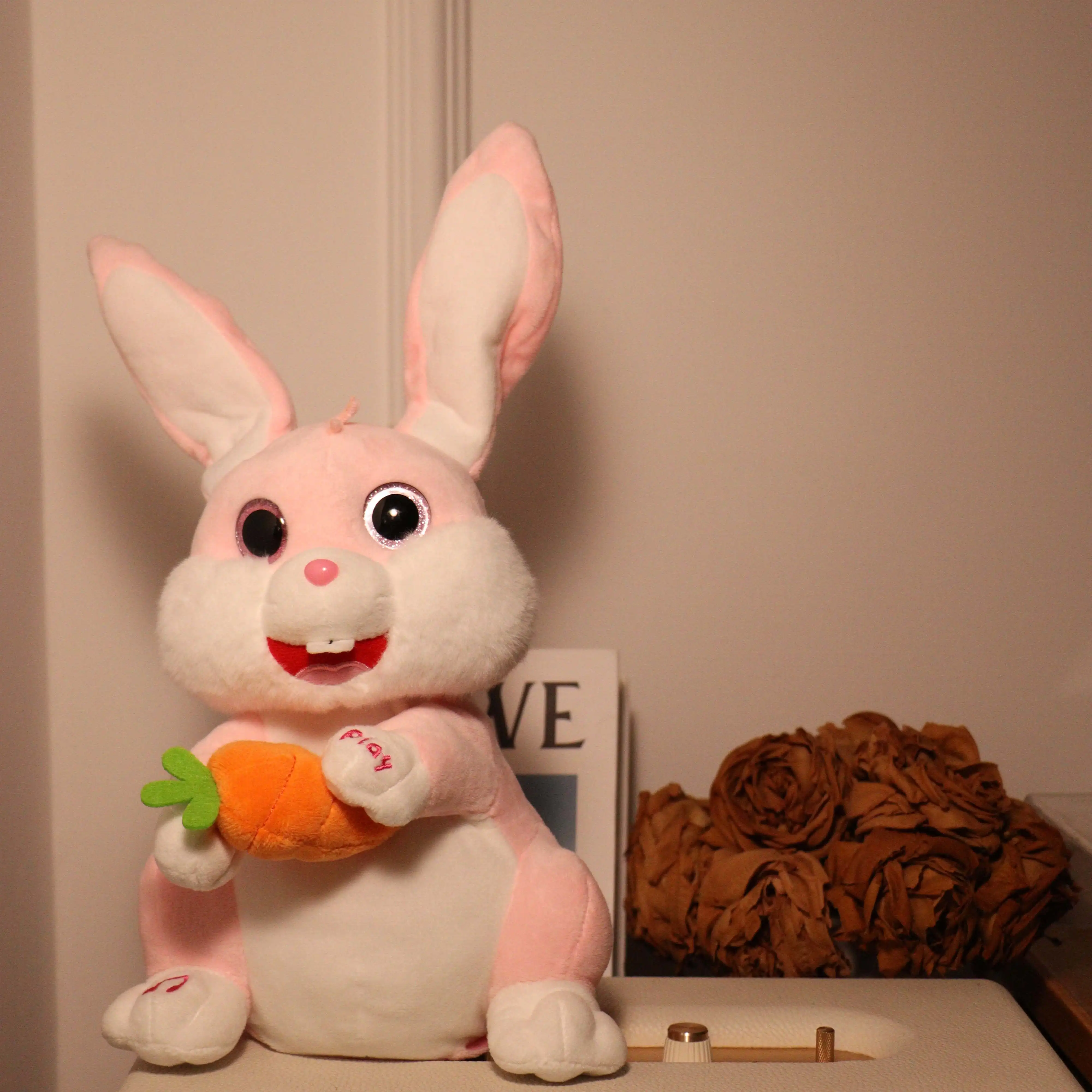 Factory Hot Sale	Kawaii simulation peekaboo automatic Radish Rabbit talking toys stuff toys Electronic plush toys speaker
