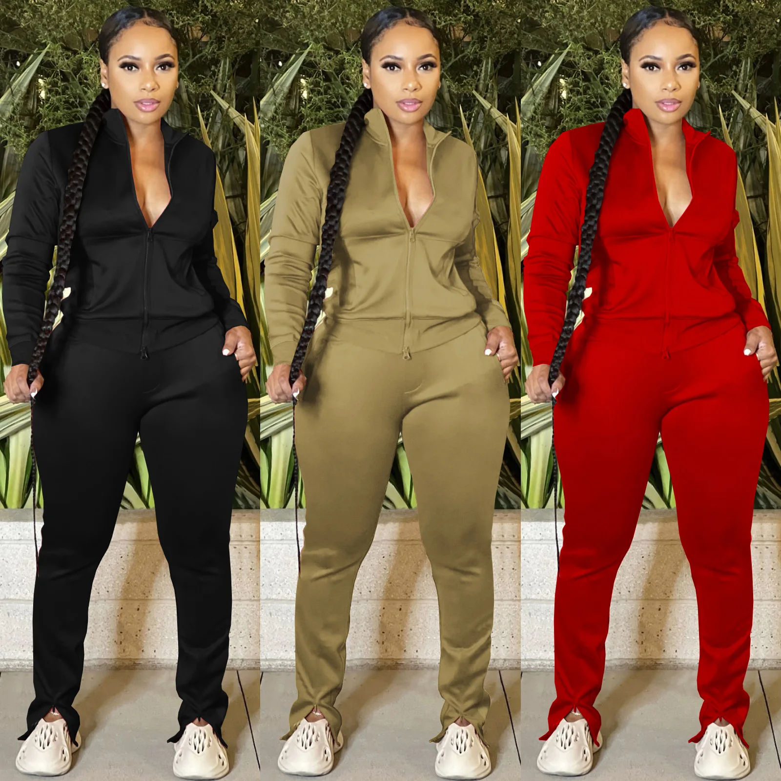 Модный трендовый Повседневный кардиган на молнии, леггинсы, брюки-джоггеры, спортивные костюмы, однотонный комплект из двух предметов для женщин