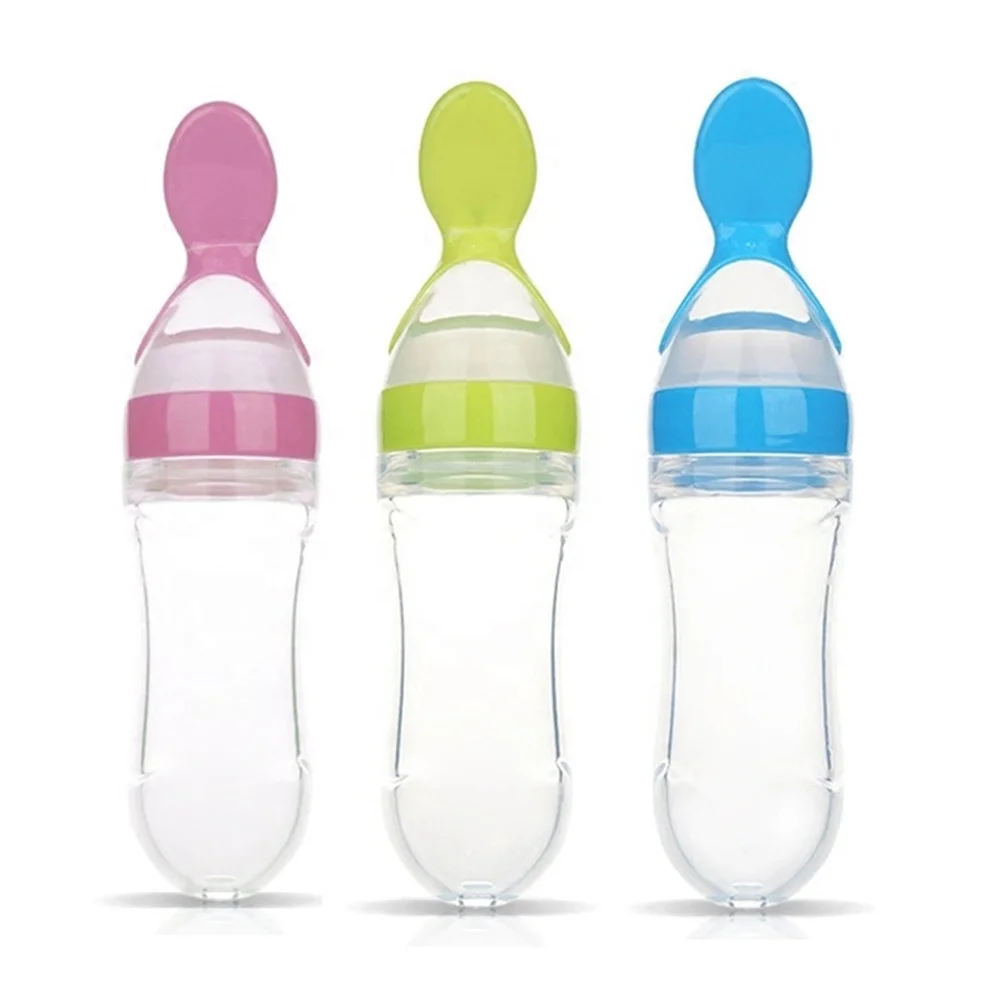 90ml Newborn Toddler Food Supplement Rice Cereal Bottles Infant Baby Milk Feeder Silicone Squeeze Feeding Bottle With Spoon