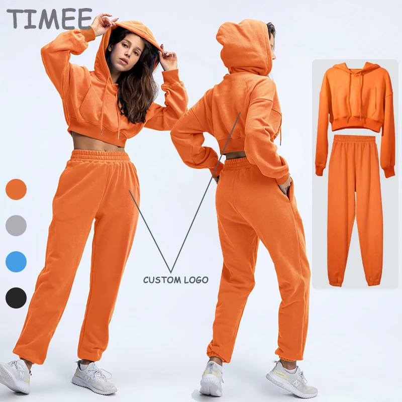 Long sleeve winter sweat high quality womens activewear hoodie set gym fitness 2 piece set