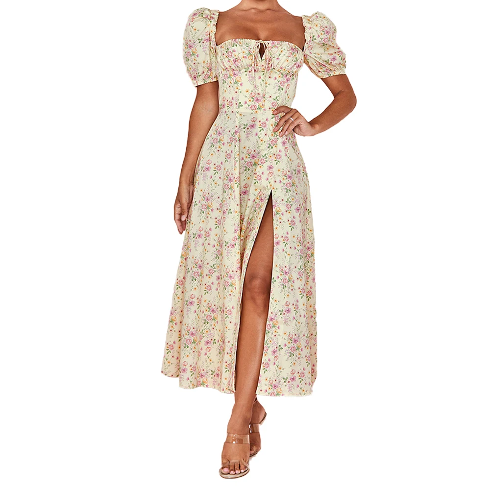 
2021 Новая модная женская одежда с пышными рукавами, летнее макси платье с цветочным принтом 