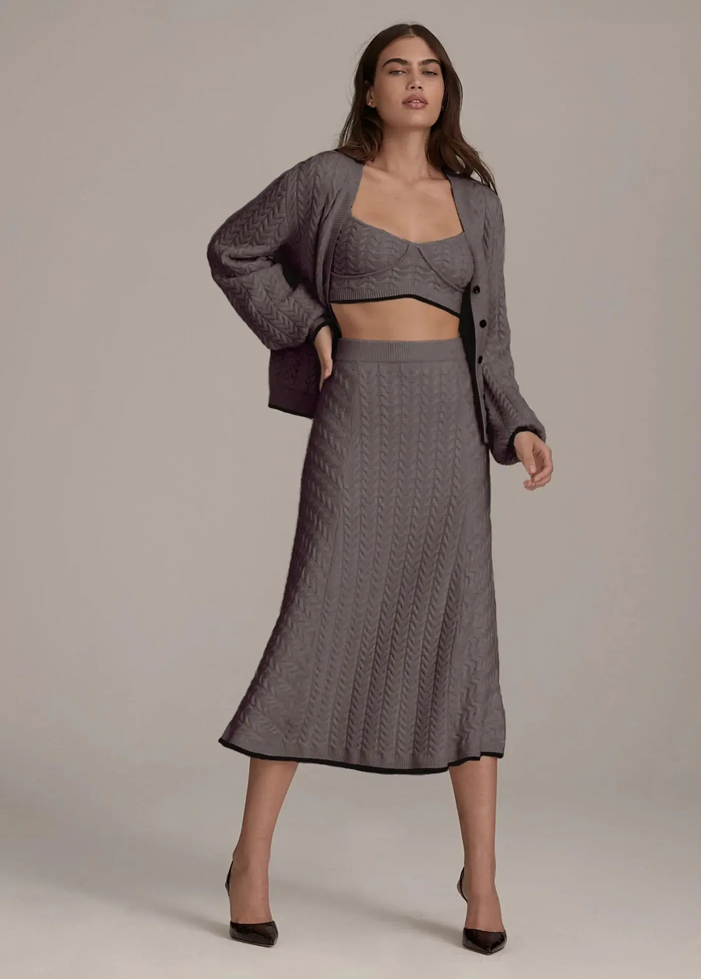 Source Factory Oem Women Clothing Bra Cardigan Cable Knit Midi Skirt 3 Piece Set Women