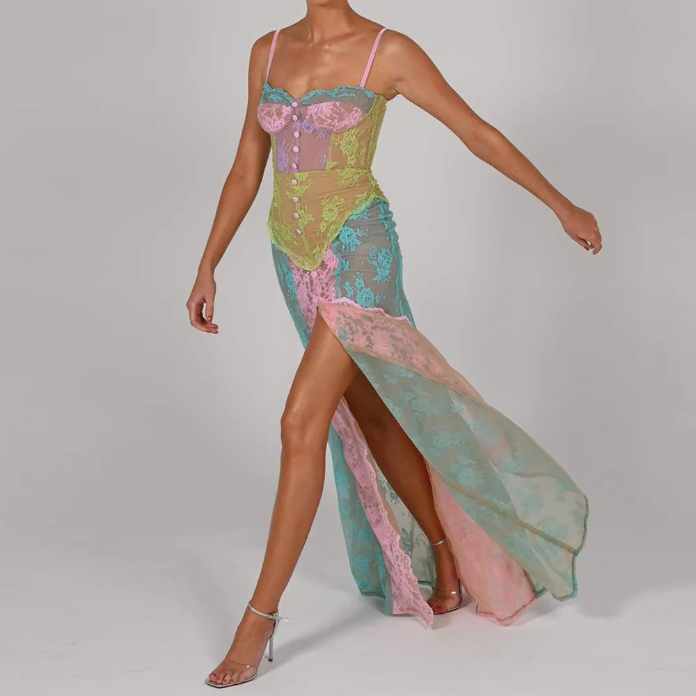 Contrast color lace embroidered fishbone suspender slit see-through long  suspender dress