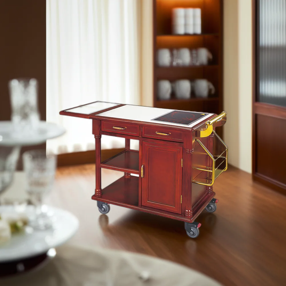 Restaurant Catering Hotel Food Service Trolley Series Wooden Cooking Cart Heating Flambe Trolley with 3 Drawers Induction Cooker
