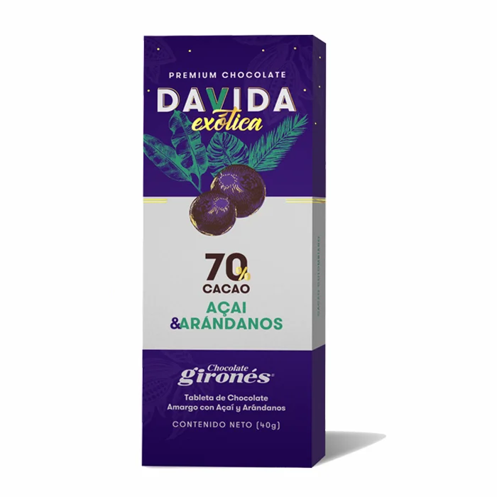 DAVIDA Rich Dark Chocolate Bar 70% Cocoa with Colombian fruits Acai & Cranberries 100% Premium Colombian Cocoa