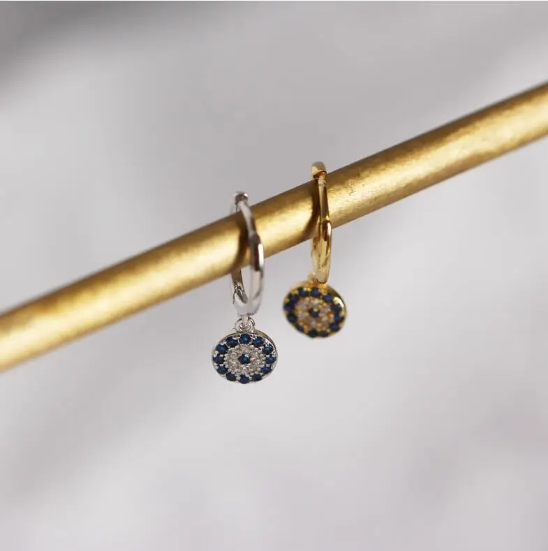 Trendy 925 Sterlings Silver Small Hoops Mini Paved Coin Disc Blue Crystal Stone Nickel Free Earrings