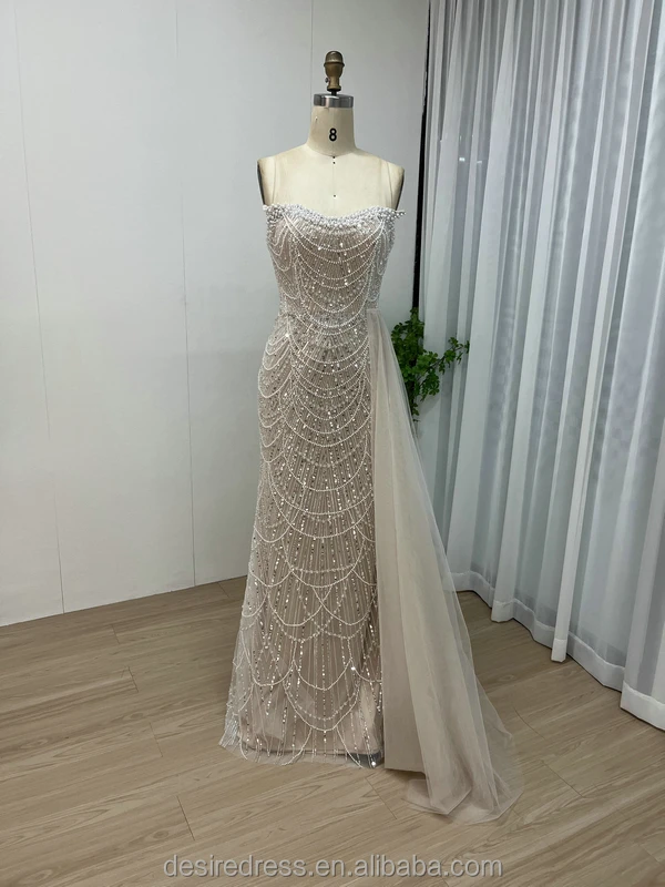 Newest Design White Beaded Pearls Mermaid Evening Dresses Strapless Sequined Prom Gowns With Side Train For Sexy Ladies MY30110