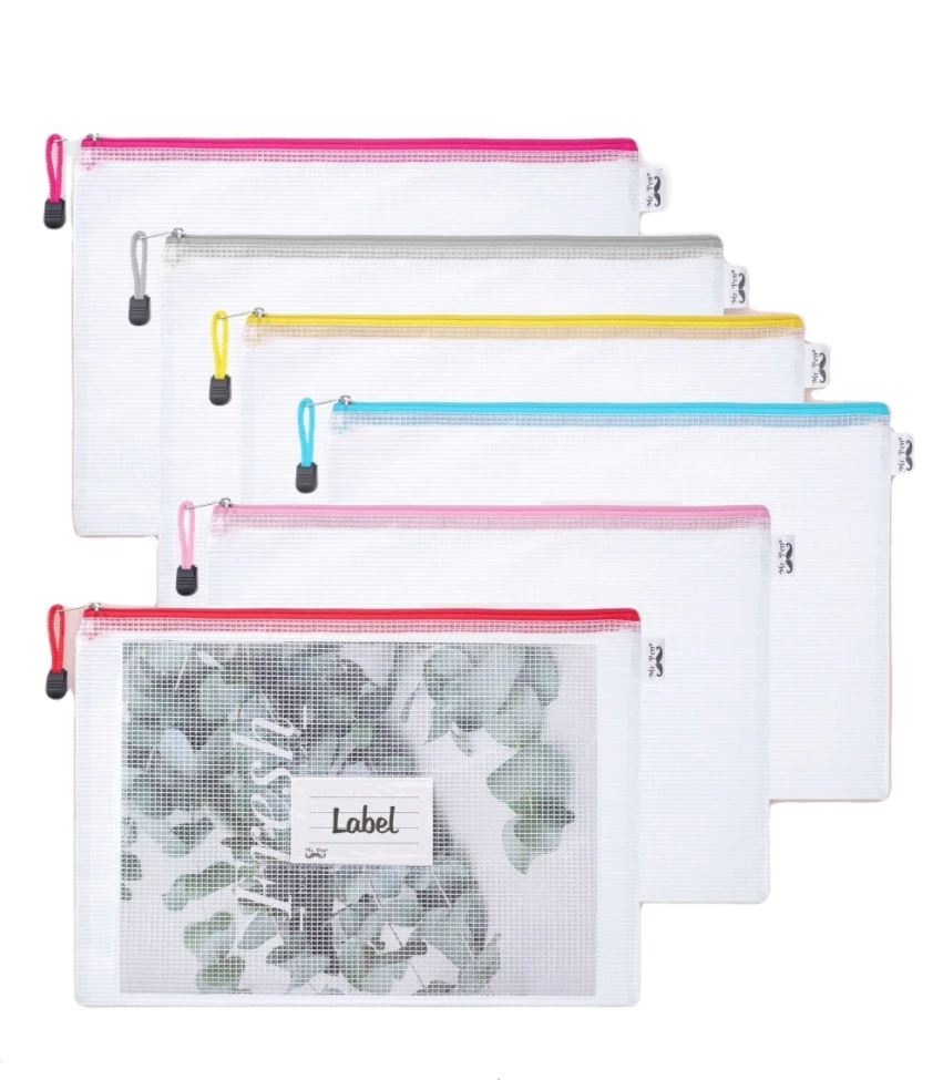 2024 Custom Clear waterproof Toy Organizer Bag Large Plastic A3 A4 A5 A6 PVC Stationery Mesh Zipper Pouch Bags with Label Pocket