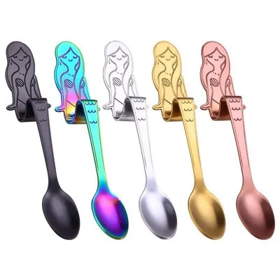 O236 1Pc Mermaid Coffee Spoons Scoop 304 Stainless Steel Hanging Coffee Spoon Teaspoon Sugar Moka Ice Cream Tea Spoon