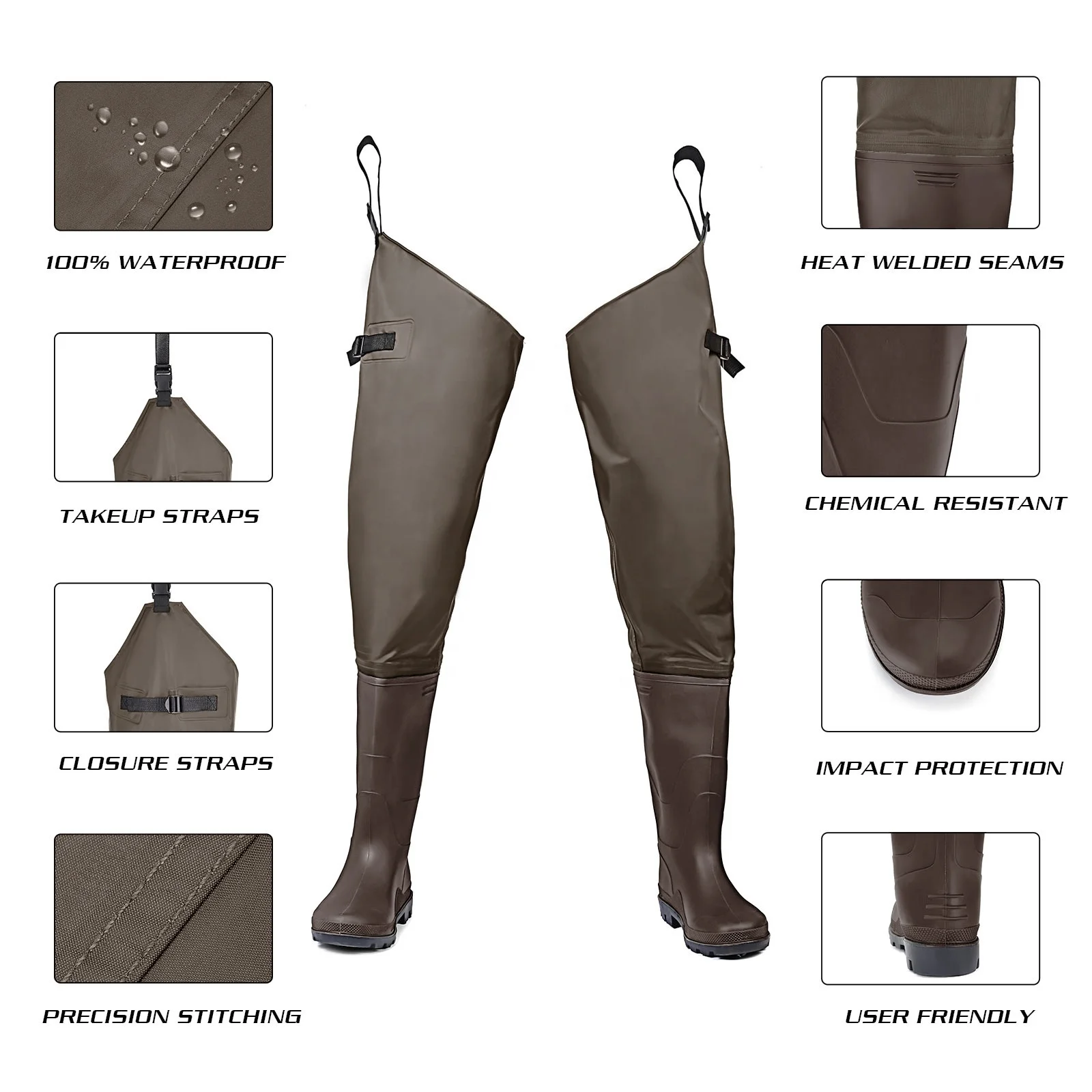 Fishing Hip Boots Hip Waders for Men with Boots Waterproof Lightweight Bootfoot Cleated 2-Ply Nylon/PVC