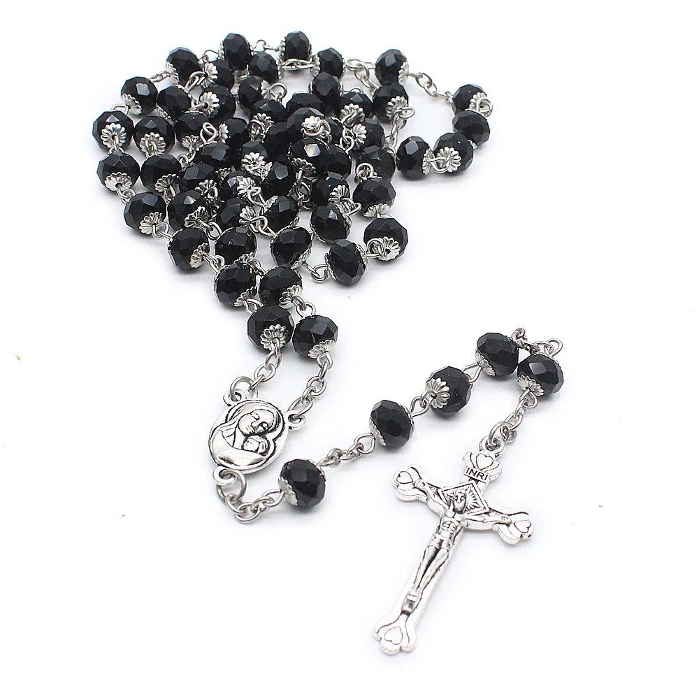 2022 Suyan Jewelry Factory Price Wholesale Crystal Maria Hold Cross Crucifix Pendant Christian Rosaries  Beads Rosary Necklace