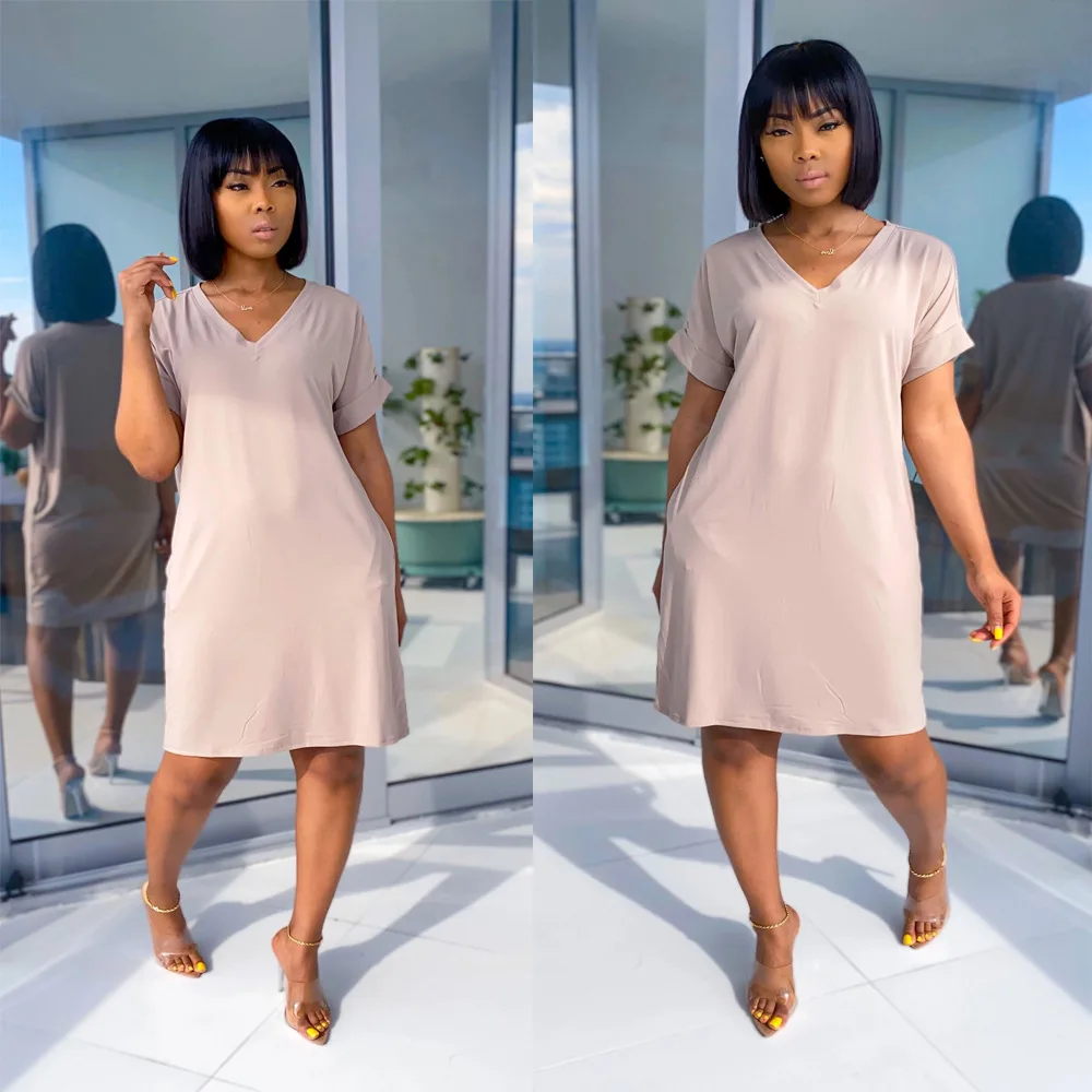 Custom LOGO V Neck Lady Dress 2023 Summer Women Clothing Dress Candy Color Short Sleeve T Shirt Casual Dresses