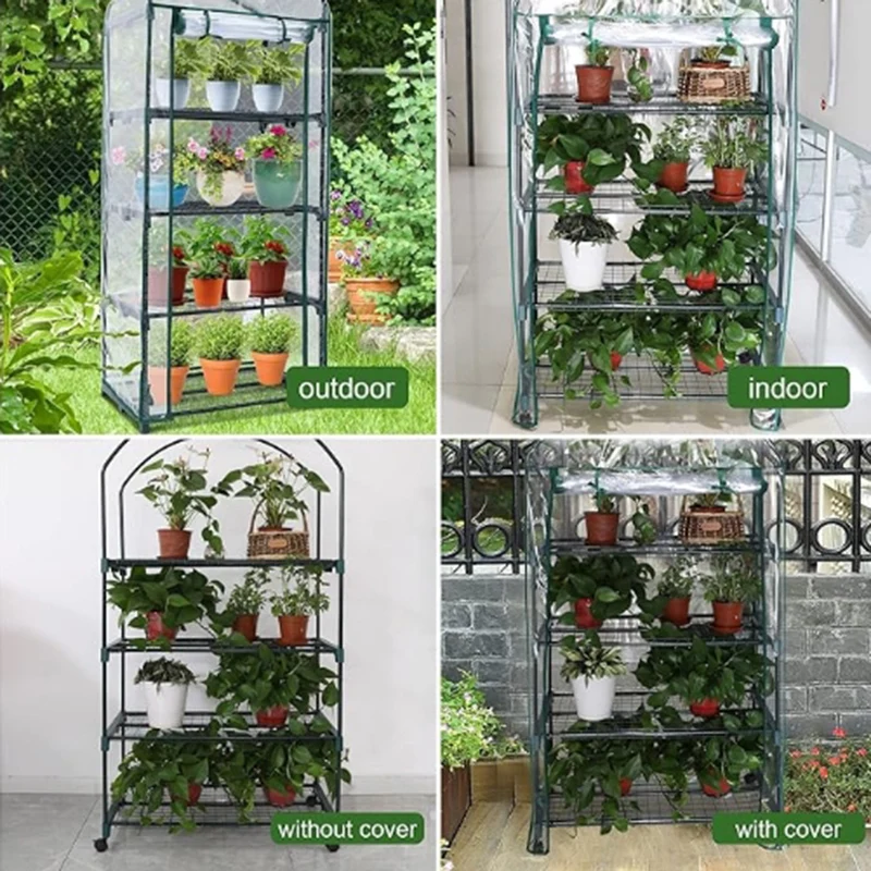 Sturdy Portable Metal Shelves Gardening Green House Indoor Outdoor 4 Tier Mini Greenhouse for Plants Flowers