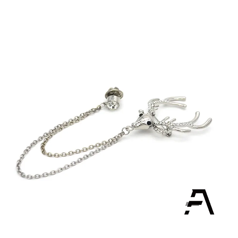 Sterling Silver Deer Head Rhinestone Crystal Men Shirt Chain Brooch Pin