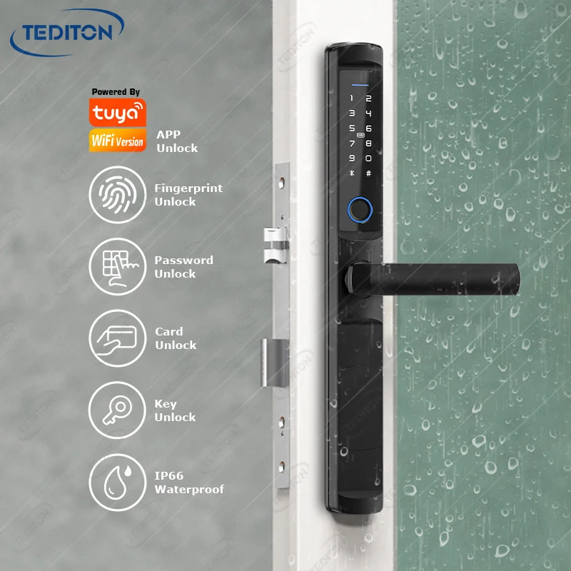 Tediton Waterproof Tuya WiFi Control Smart Digital Aluminum Lock Electronic Fingerprint Smart Lock Door
