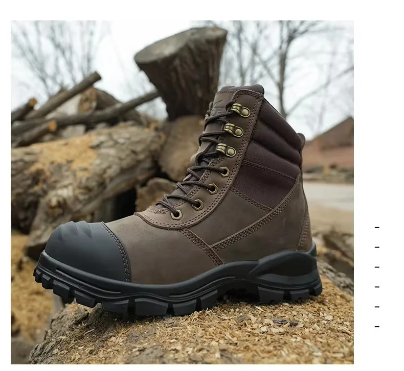 High ankle dark brown Crazy horse Leather mining work safety boots for men, drak brown safety boot have tpu toe