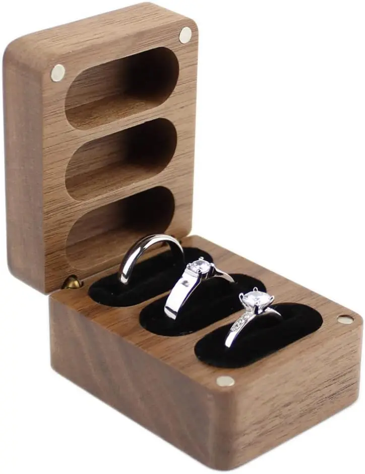 Wooden engagement ring storage box for ring storage 3 slot wedding ceremony ring bearing box