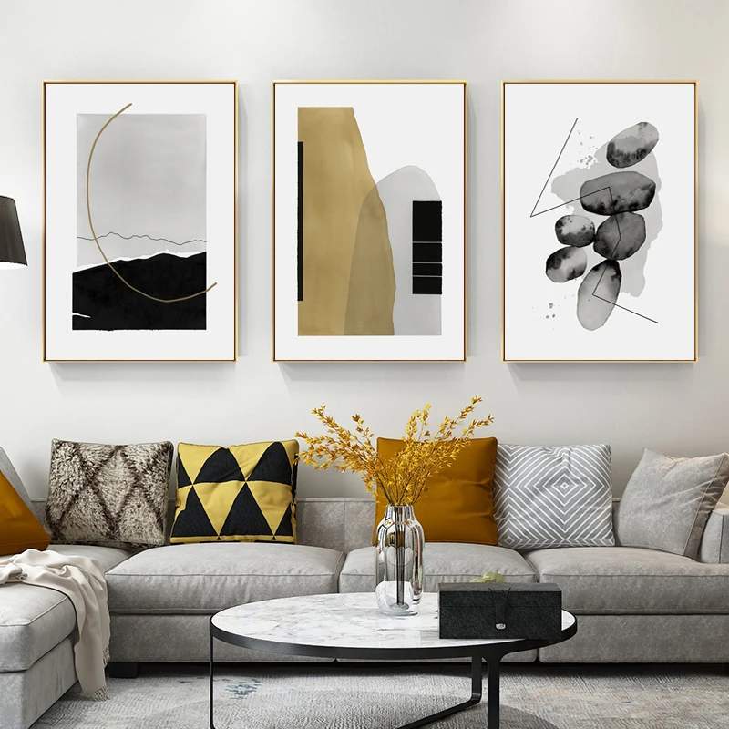 Geometric Color Line Ink Stone Wall Art Canvas Painting Black White Poster Print Wall Picture for Living Room