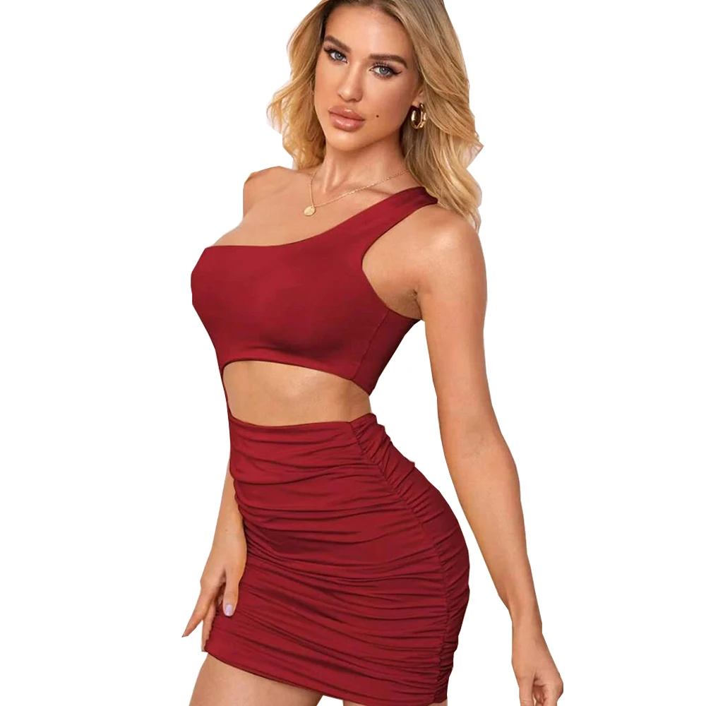 Женское сексуальное облегающее мини-платье на одно плечо без рукавов с вырезом и рюшами MAGICMK