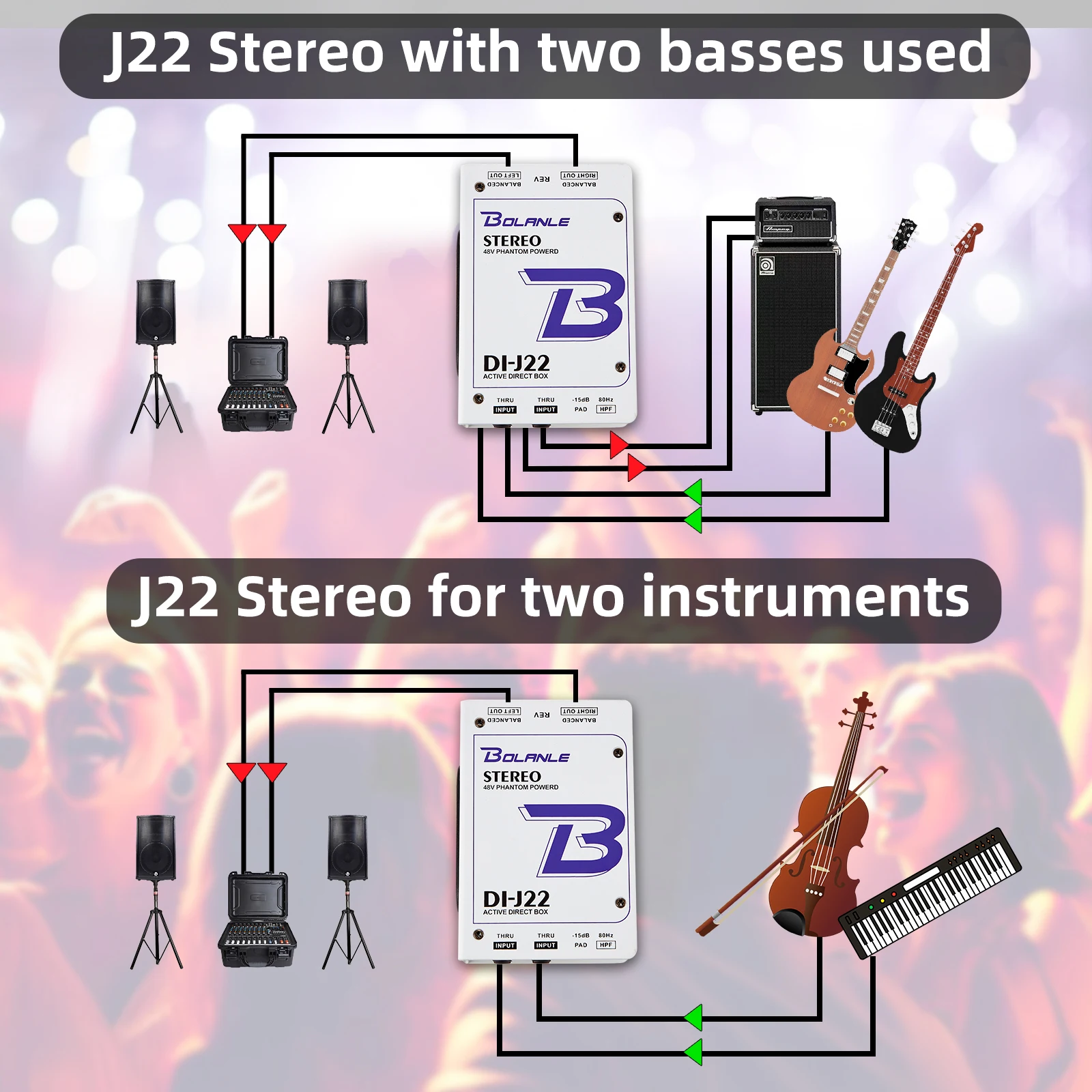 Bolanle J22 Di Box 5V 9V 48V Multi Functional Professional 2 Channel  Phantom Power Active Passive Direct Box