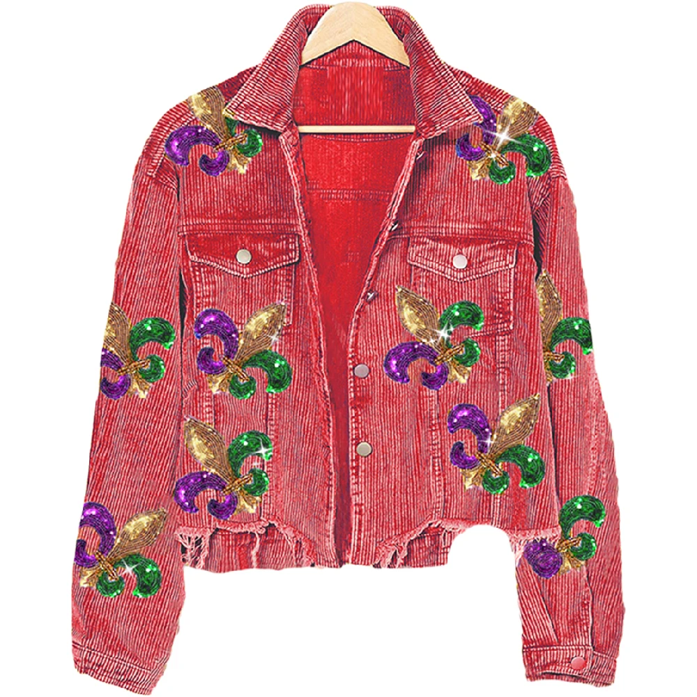 High Quality Long Sleeve Sequined Graphic Corduroy Green Bomber Jacket for Women