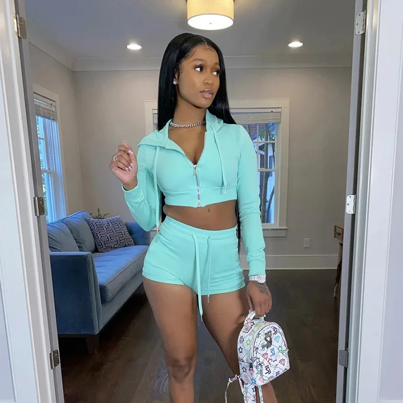 
Women's Autumn 2 Piece Shorts Sets Hooded Crop Tops Two Piece Track Sets 2020 Fashion Women Outfit Fitted Two Piece Set 