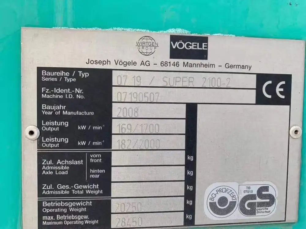 
NEW ARRIVAL VOGELE Paver SUPER 2100-2 2500 2000 model of PITCH PAVER USED VOGELE 2100-2 PAVER FOR ROAD CONSTRUCTION MADE IN 2008 