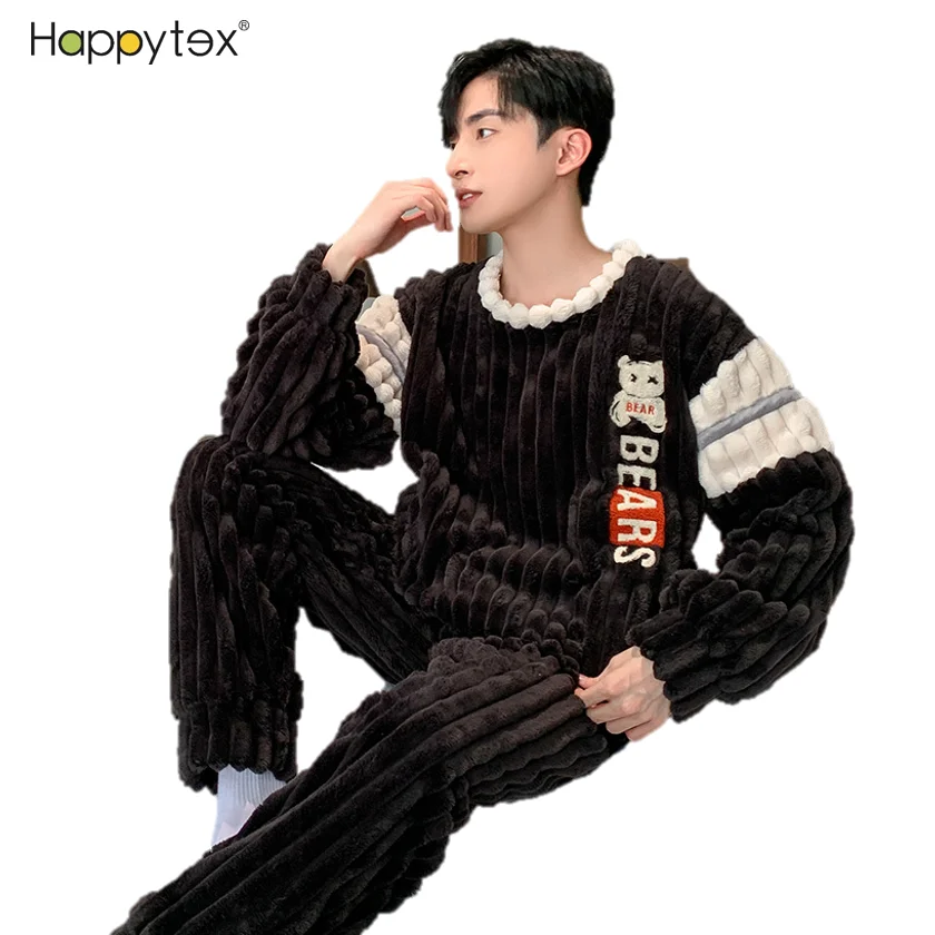 Indoor Home Winter Cute Cartoon Thick Warm Coral Fleece 2 PCS Pajama Set Long Sleeve  Sleepwear for Mens With Large Pockets