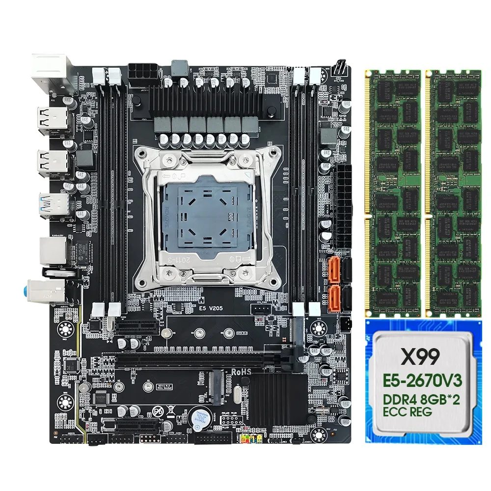 Горячая распродажа комплект x99 xeon e5 2670 v3 материнская плата комбо LGA 2011-3 CPU 2 шт. X 8 ГБ = 16 2666 МГц