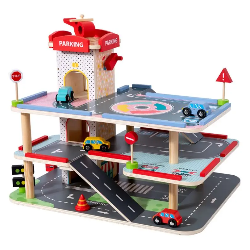 Kids Educational Three layers Service Station play toy Wooden pretend play car garage parking lot toy