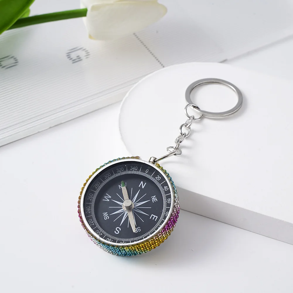 Mini Aluminum Alloy Compass Keychain Diamond Studded Navigation Self-Defense Tool for Outdoor Hiking Survival Made Durable Metal