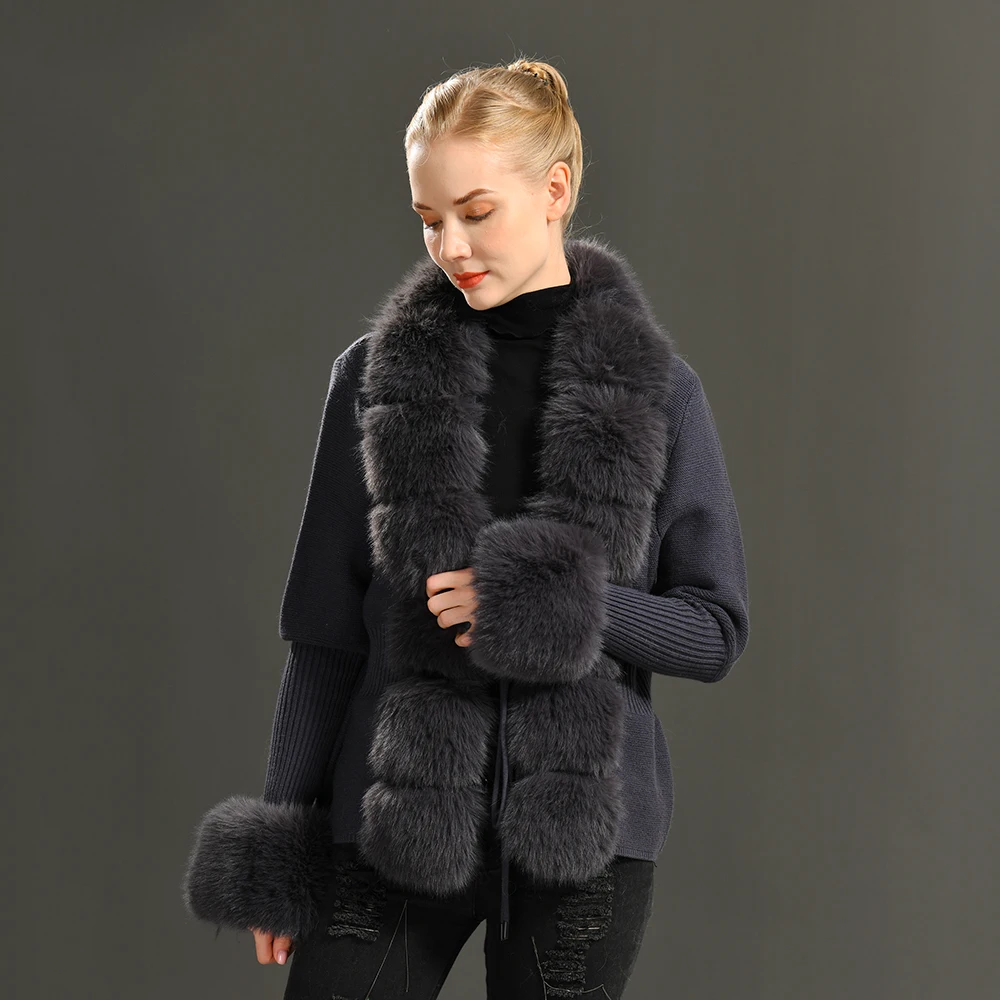 Lady Elegant Vintage Knit Cardigan Sweaters with Faux Fut Trim Wool Knit Cardigan Women Knit Cardigan