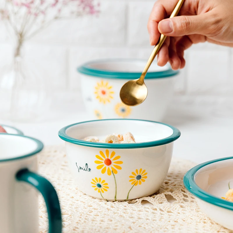 Jade-cer  ceramic Japanese Little Daisy design thick blue border soup rice salad bowls deep plates mug tablewares