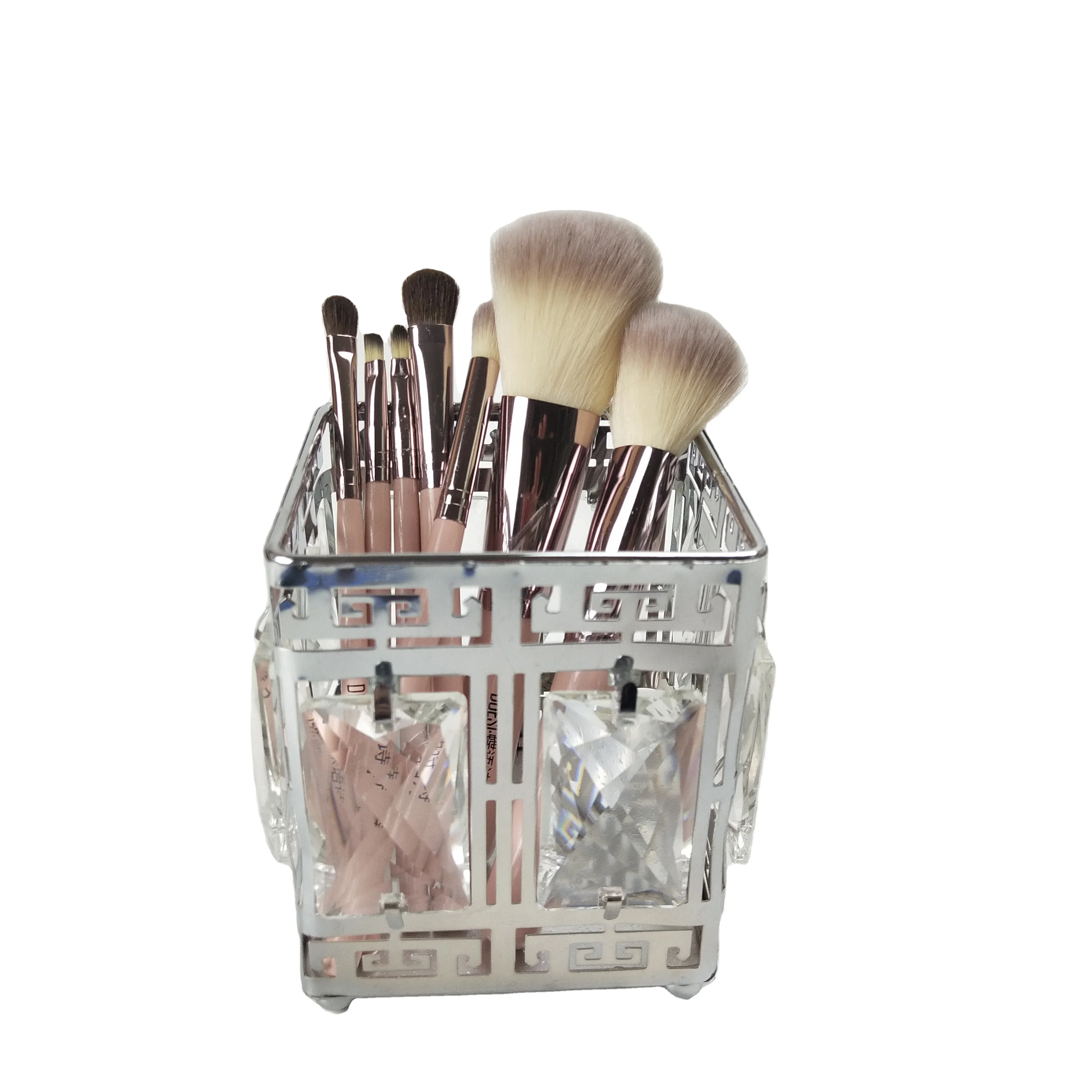 Office Desk Organizer Metal Square Silver Crystal Crafts Bathroom Vanities Cosmetic Make up Brush Storage Holder Organizer