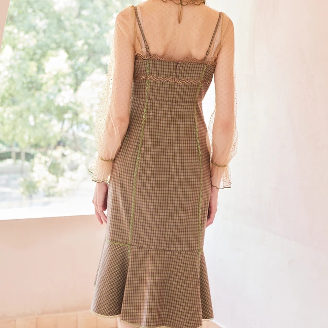 New Dresses Slim Fit Vacation Outfits Sleeveless Retro Green Plaid Fishtail Skirt Spring Autumn Elegant Slip Dress