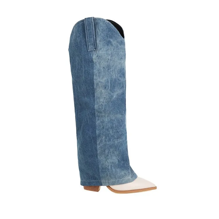 New Design Women Fashion Long Boots Blue Denim Boots