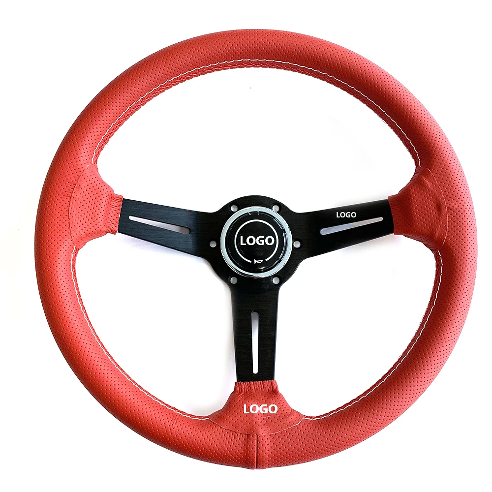 14inch 350mm Green Perforated Leather Steering Wheel Universal Racing Drifting Steering Wheel Black Spoke