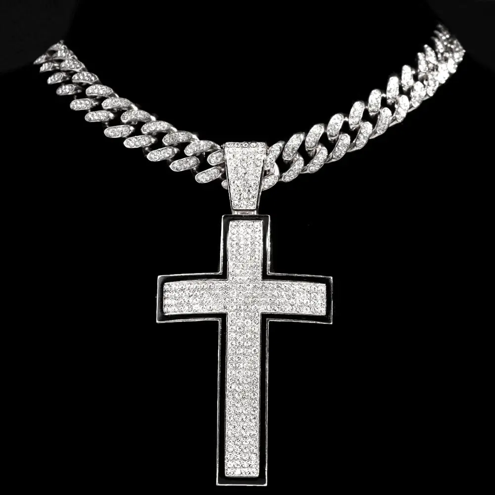 13MM Cuban Chain Christian Cross Pendant Necklace Hip Hop Women Religious CZ Stone Enamel Cross Necklace