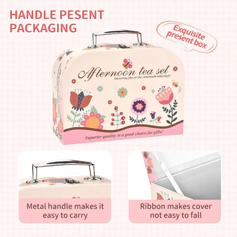 2024 Bemay Toys Kids Tea Set for Little Girls Pink Tin Tea Party Set Afternoon Tea Time Play Set