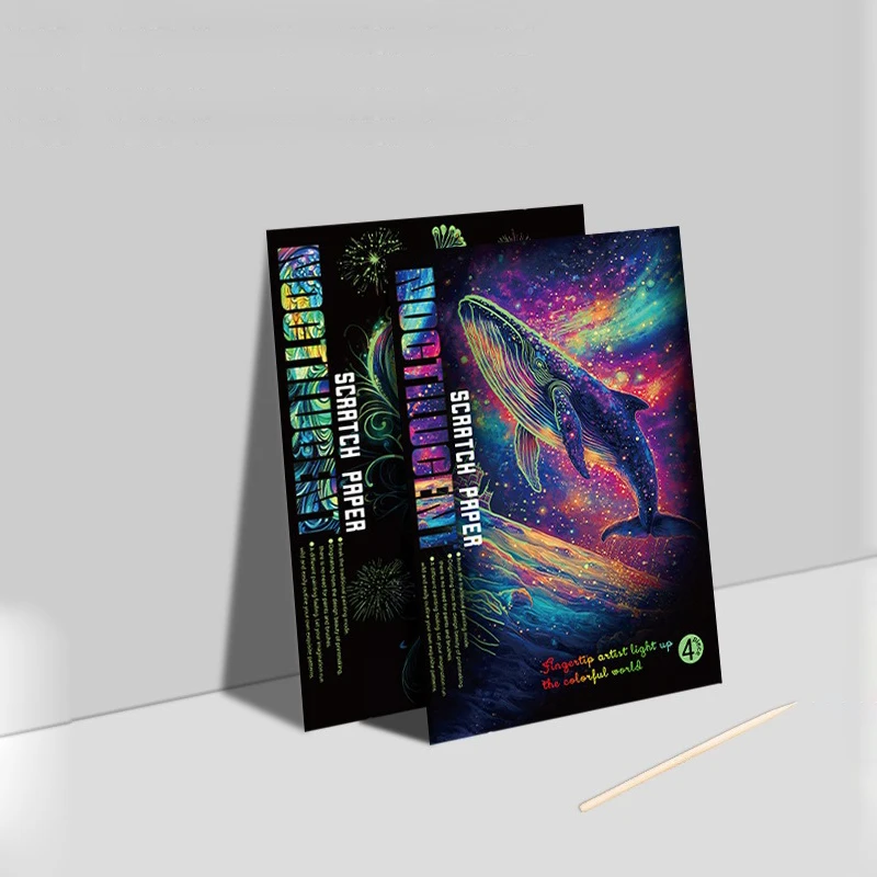 GF 4 Sheets Glow in Dark Colourful Painting Scratch Paper Set Noctilucent Scratch Painting Kits DIY Art Scratch Paper with Pen