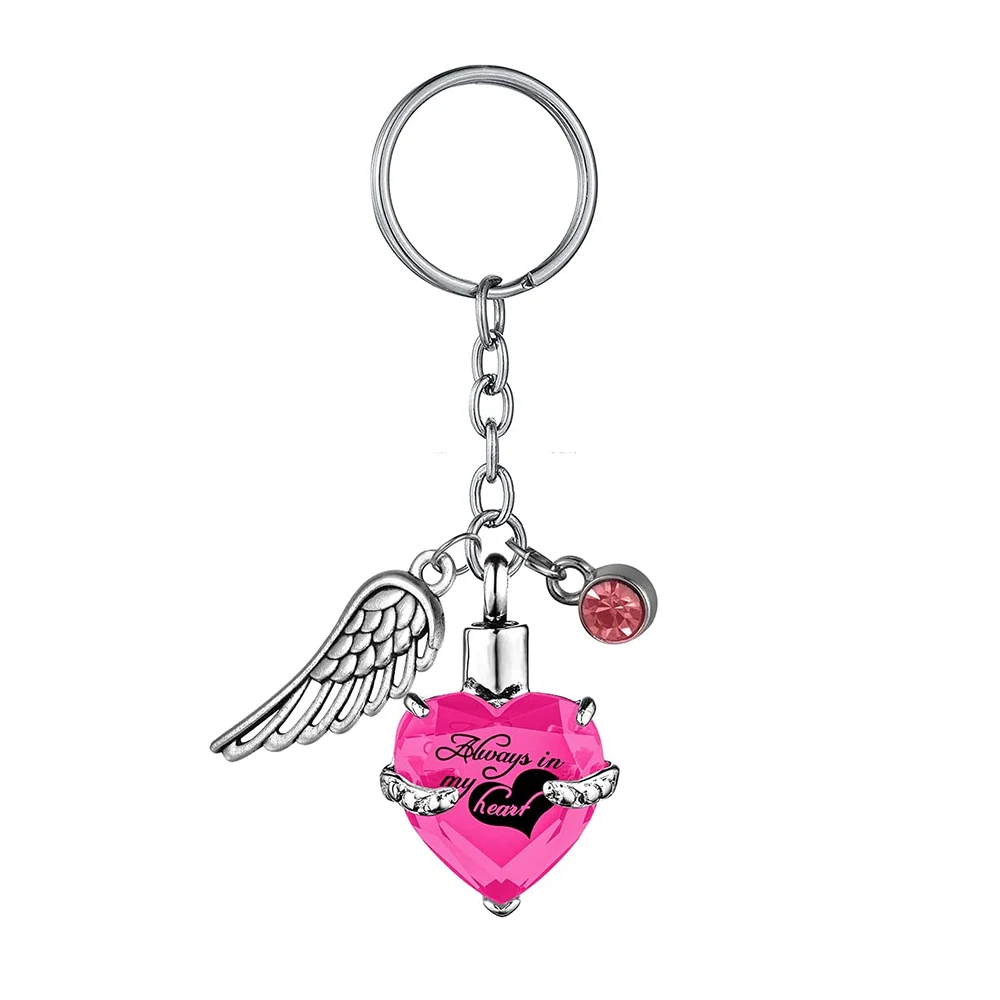 Heart with Birthstone and Angel Wing Pendant KeyChain Cremation Urn for Ashes KeyRing Jewelry to Men Women - Always in my heart