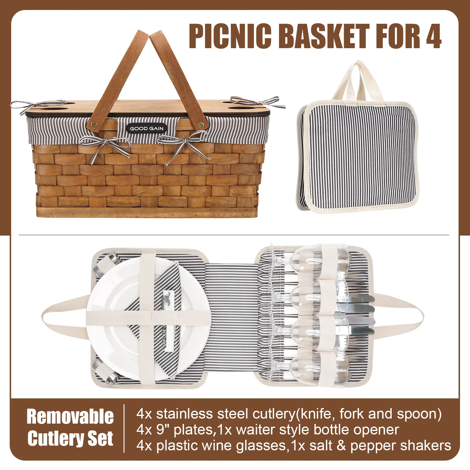 Woodchip Picnic Basket for 4 Persons with Portable Wine Table